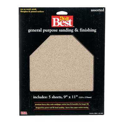Do it Best General Purpose 9 In. x 11 In. 220/150/100/60 Grit Assorted Grade Sandpaper (5-Pack)